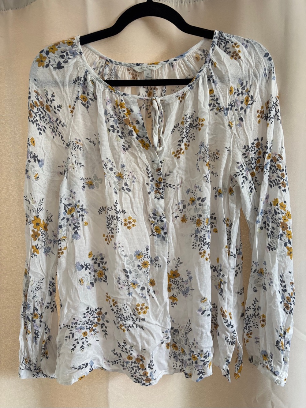 Lucky Brand Sheer Floral Peasant Blouse Women's Medium White Long Sleeve Boho